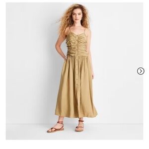 Future collective khaki Tan Sleeveless Midi button front ruched Dress small new